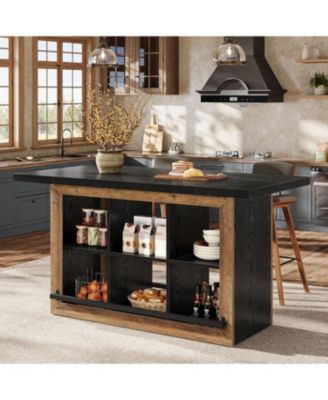 Kitchen Island with Storage, Farmhouse Table with 6-Cubby Open Shelves and Metal Foot Rail