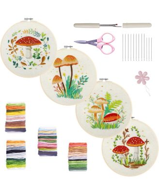 4 Sets Embroidery Kit Beginners Mushroom Pattern Hoops Threads