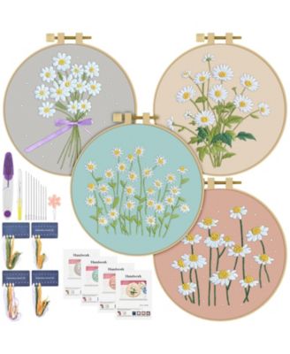 4 Set Embroidery Kit Beginners Daisy Cross Stitch Hoop Thread
