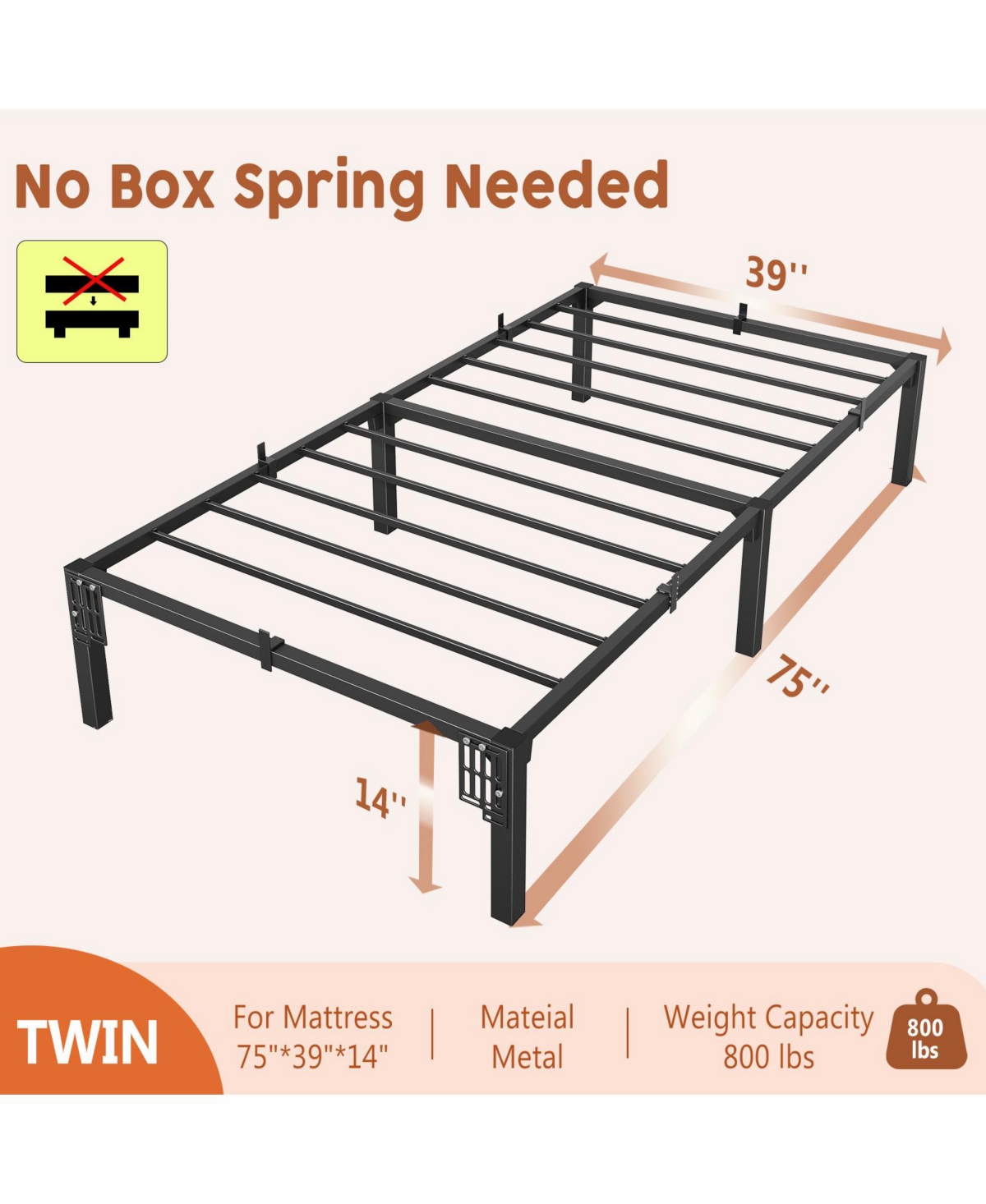 homfan Heavy Duty Metal PlLow Profile 14 Inch, Iron Slats and Legs, No Box Seasonal Needed, Quiet and Non-Slip,Under Bed Storage