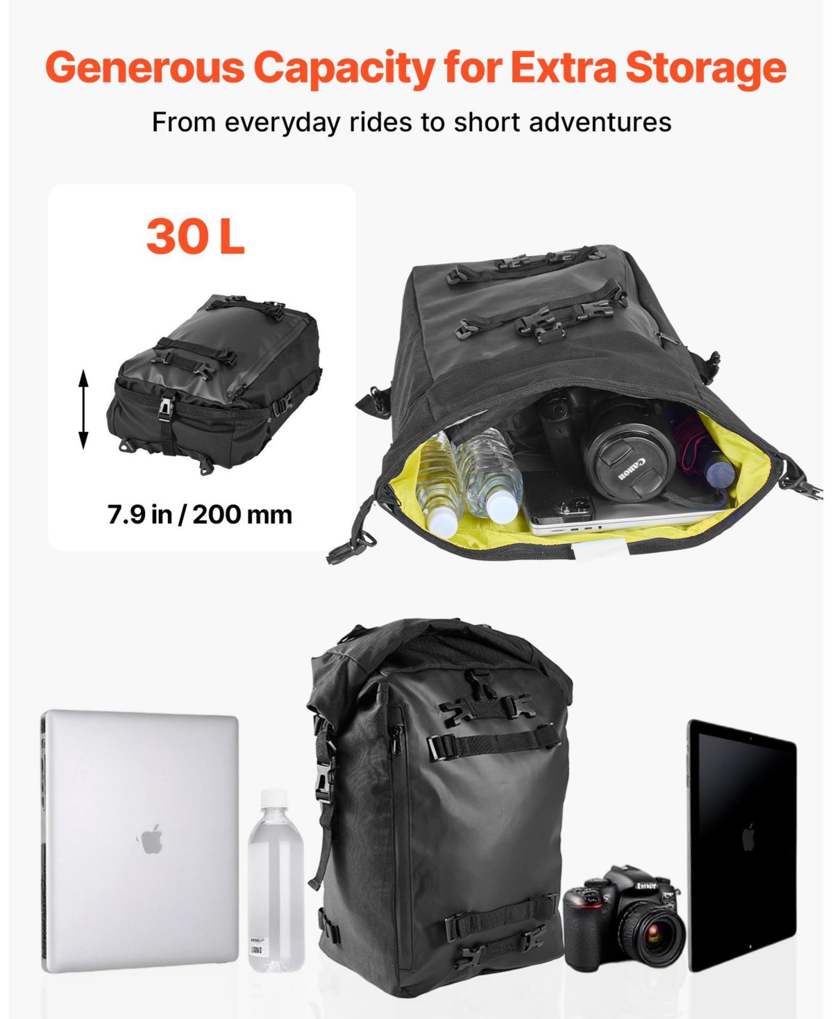 Mecale 30L Motorcycle Tail Bag Waterproof with Rain Cover and Shoulder Straps