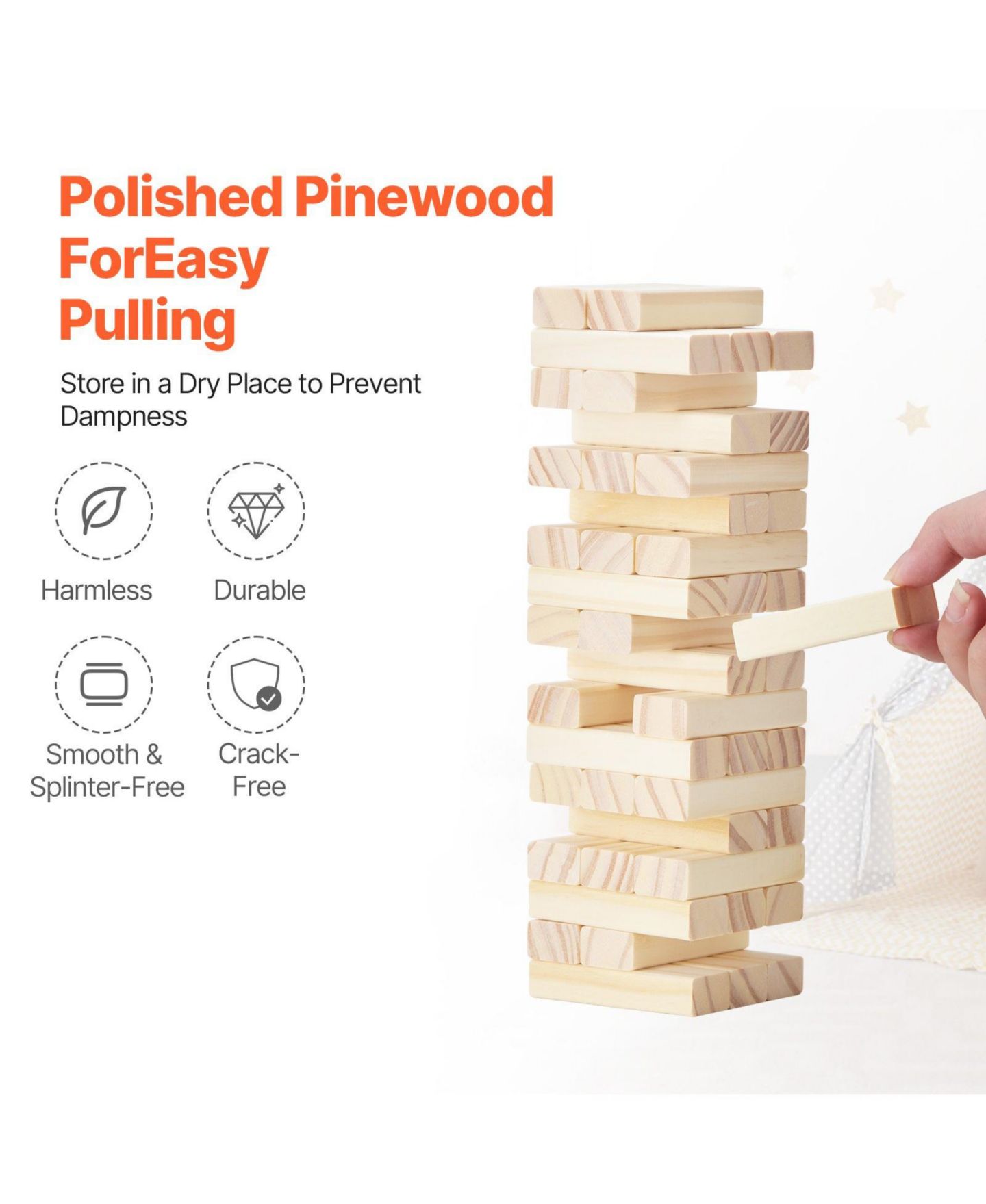 Детские игрушки Mecale Tumbling Tower 54 Pine Wood Blocks with Storage Crate Board Game, Ages 13+, цвет: Коричневый — фото 8