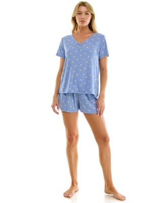 Women's V-Neck Henley Top and Flared Pajama Shorts, 2-Piece Set
