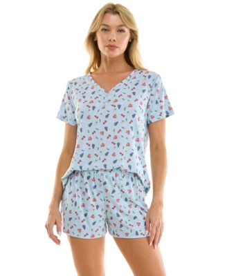 Women's V-Neck Henley Top and Flared Pajama Shorts, 2-Piece Set