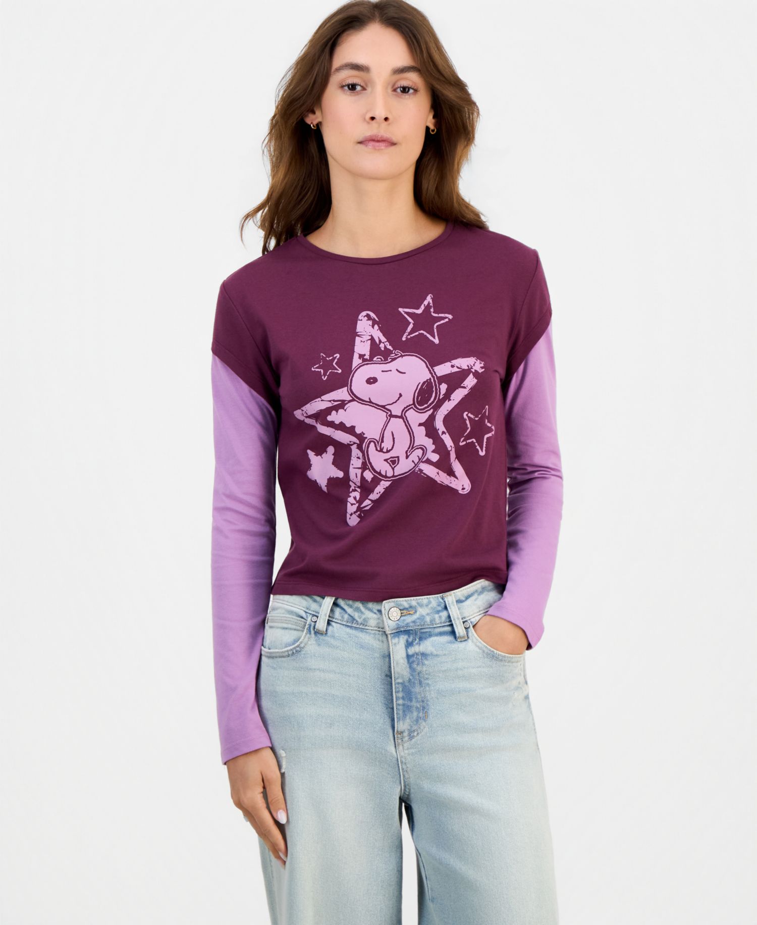 Juniors' Snoopy Long-Sleeve Layered-Look Baby Tee