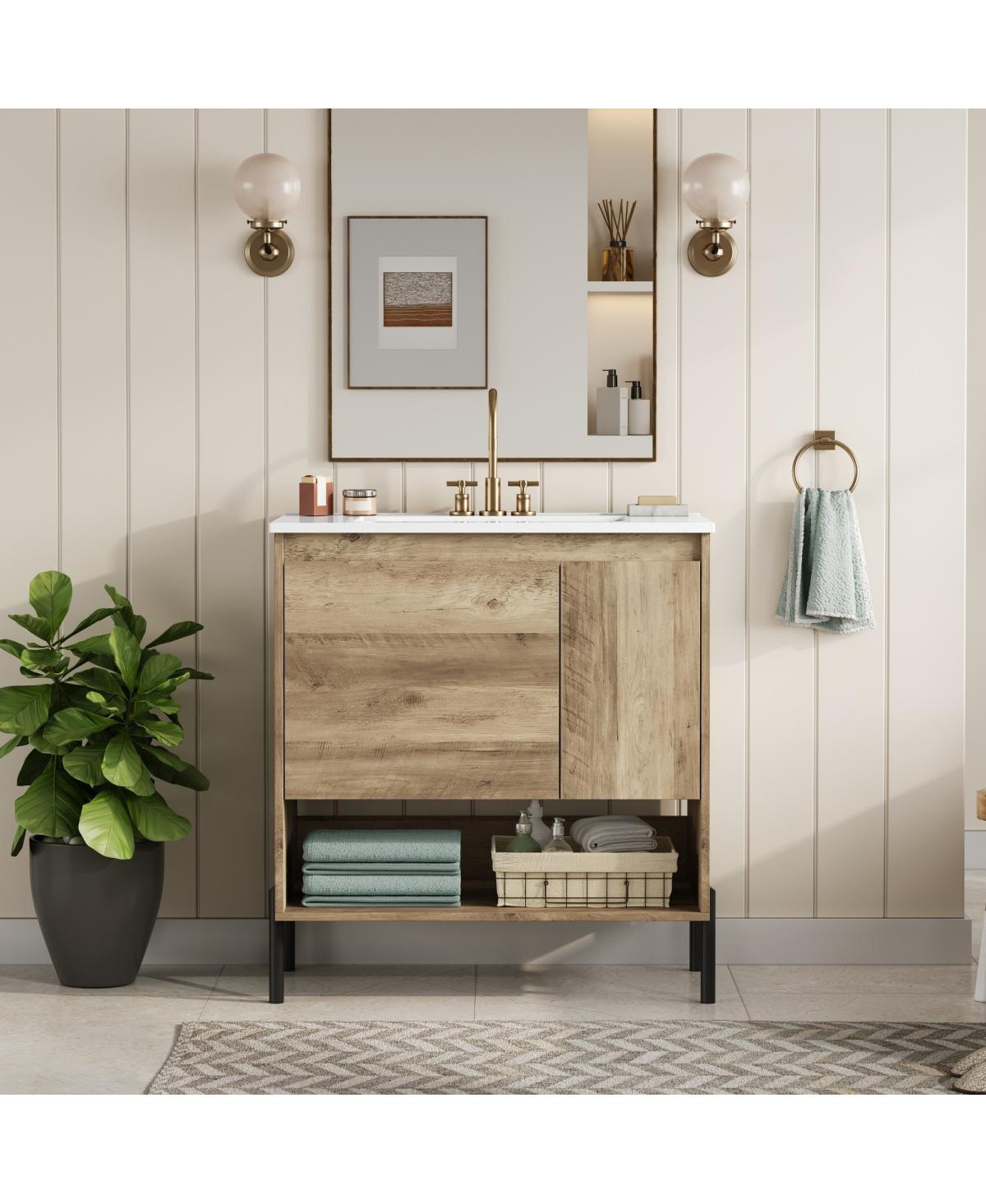 Sillysis Modern Bathroom Vanity with Ceramic Sink, Solid Wood and Metal Legs, Ample Storage Drawers and Open Shelf for Bath