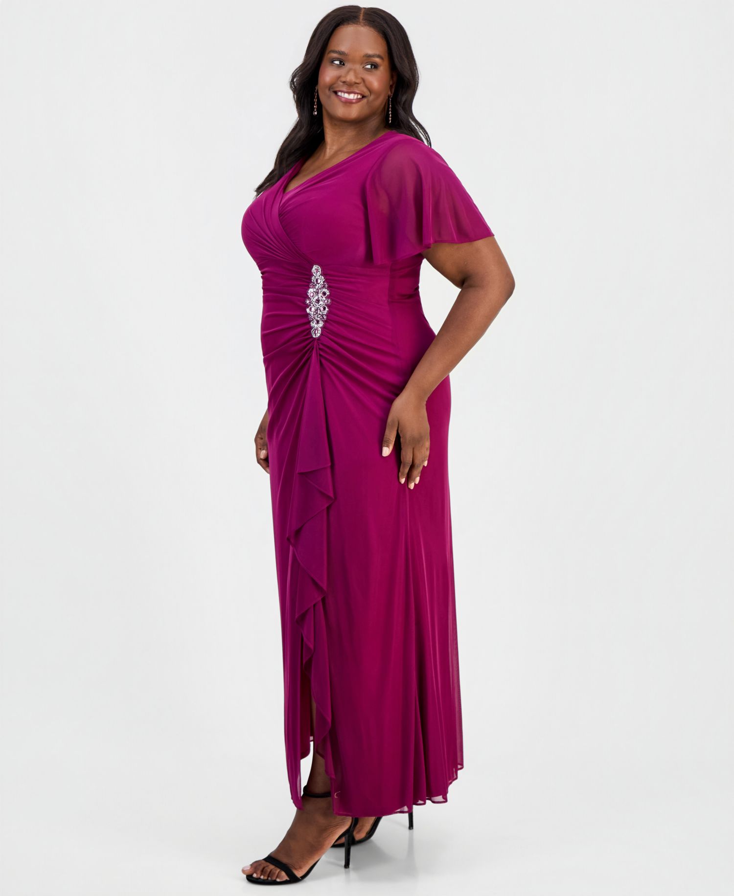 Alex Evening Women's Embellished Flutter-Sleeve Gown