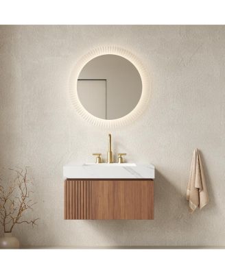 Wall Mounted Bathroom Vanity, Carrara Sintered Stone Top, 3-Hole Ceramic Sink, Soft Close Cabinet, Pre-assembled