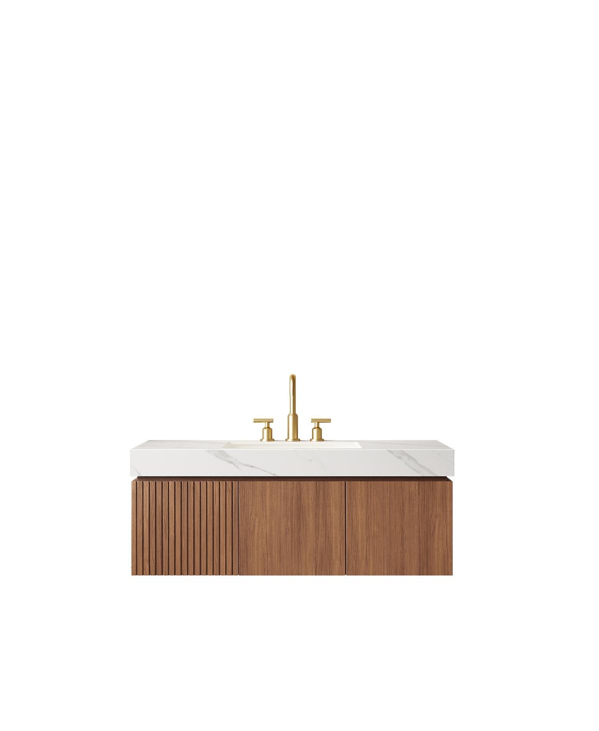Sillysis Wall Mounted Bathroom Vanity, Carrara Sintered Stone Top, 3-Hole Ceramic Sink, Soft Close Cabinet