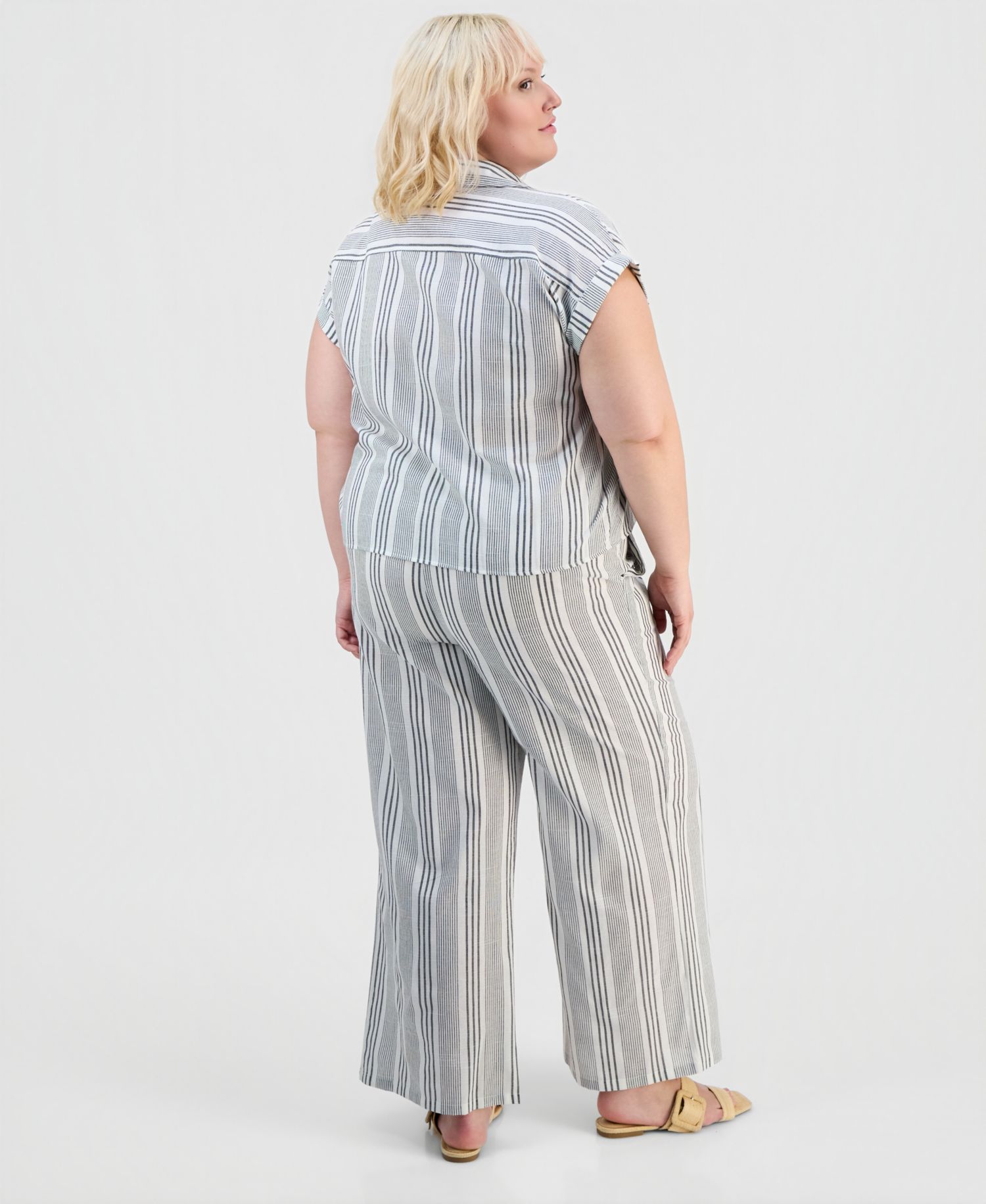 Trendy Plus Size Cap-Sleeve Shirt & Drawstring Pants Set