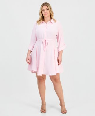 Trendy Plus Size 3/4-Sleeve Belted Godet Shirtdress