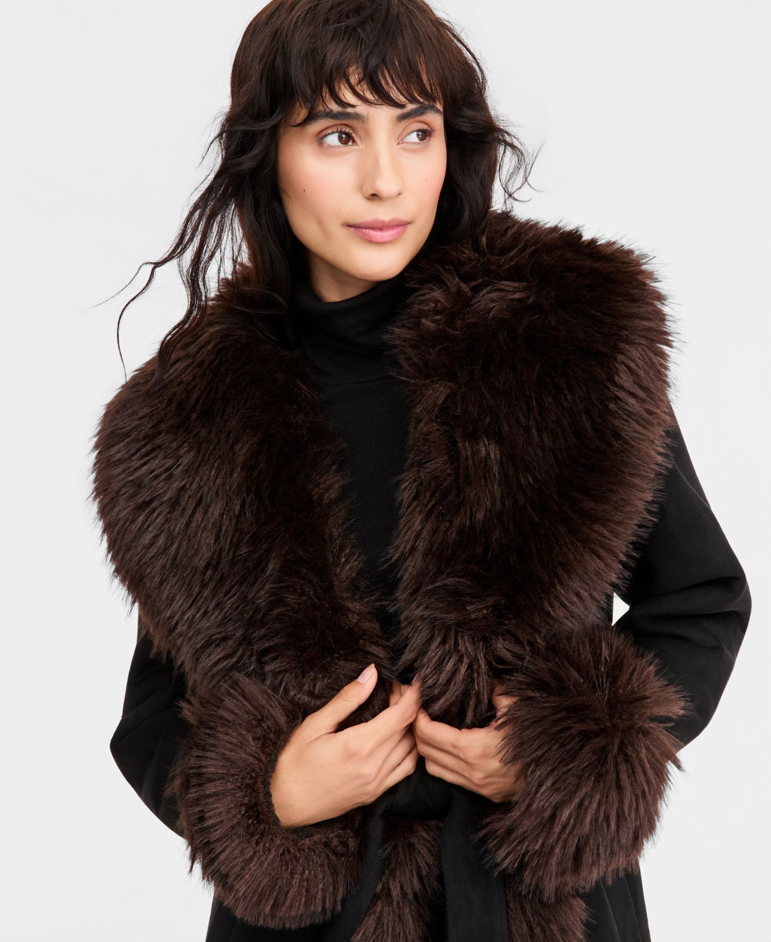 Women's Faux-Fur-Shawl-Collar Faux-Shearling Coat
