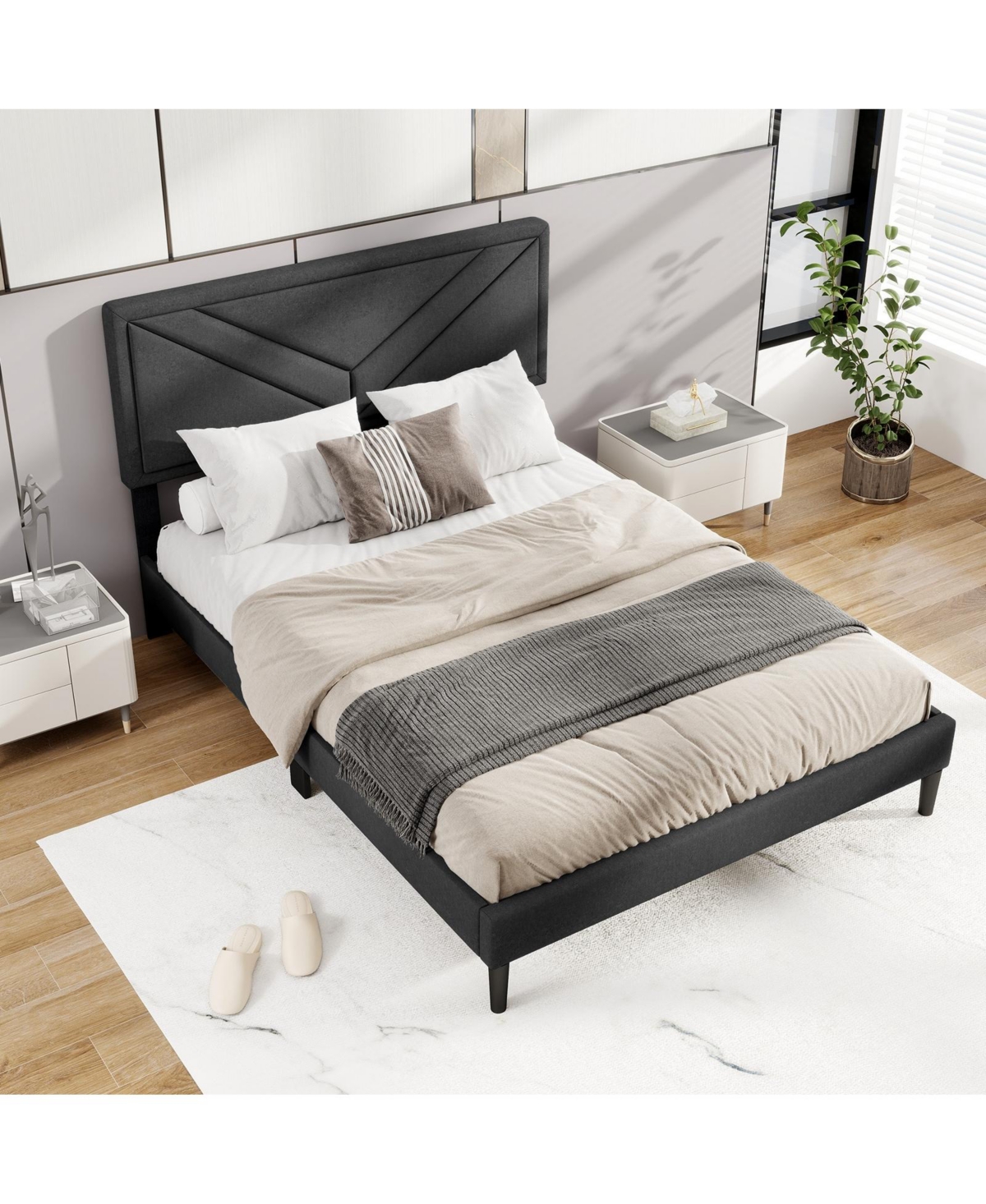 Slickblue Platform Bed Frame with Upholstered Tufted Headboard and Slats
