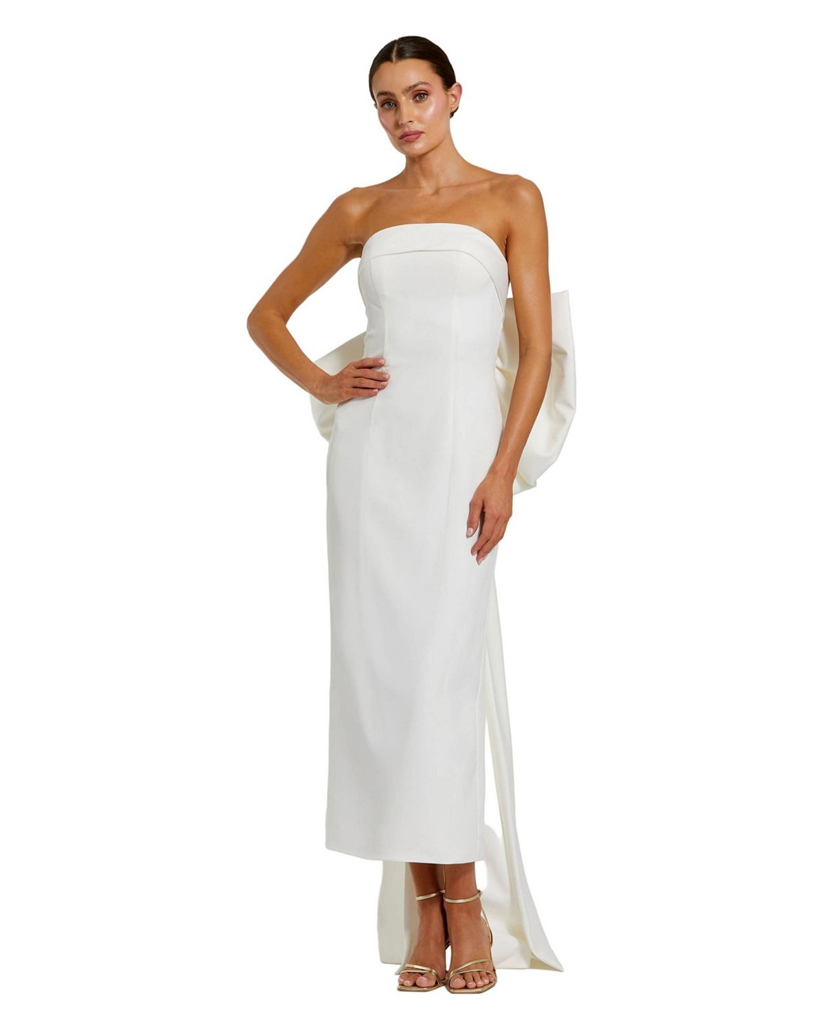 Mac Duggal Women's Strapless Satin Column Ankle Dress With Bow Detail view 1 — MAYCSS fashion products