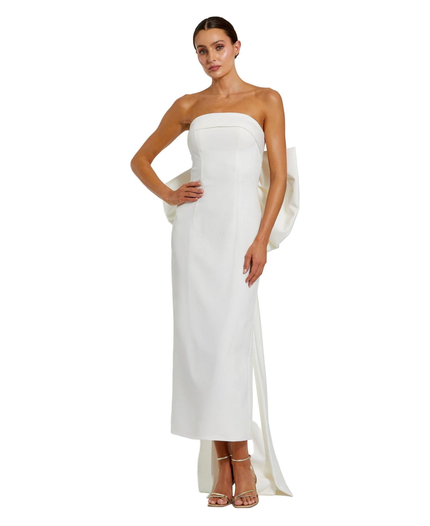 Women's Strapless Satin Column Ankle Dress With Bow Detail