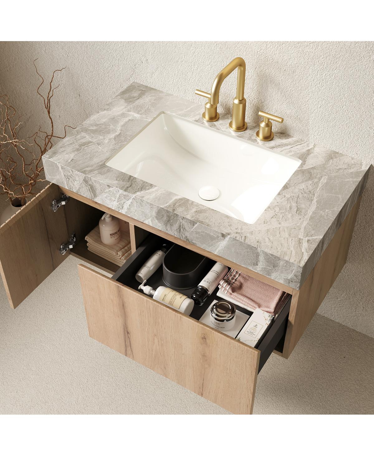 Sillysis 30 Inch Mounted Bathroom Vanity with Sintered Stone Top, 3-Hole Ceramic Sink, Soft Close Storage Cabinet