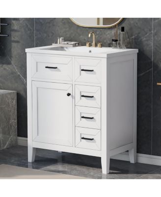 30 Inch Modern Bathroom Vanity with Ceramic Sink, Solid Wood, Multiple Drawers and Door Shelf for Stylish Bath