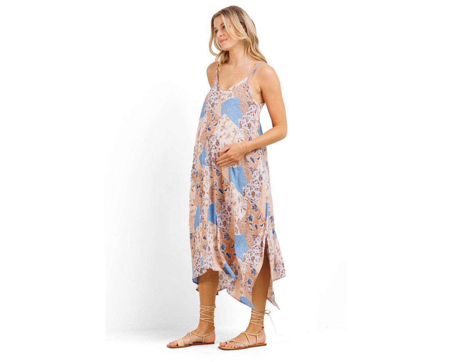 Women's Floral Midi Dress with Spaghetti Strap and Pockets