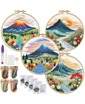 4 Set Embroidery Kit Beginners Cross Stitch Cloth Hoops Threads Landscape