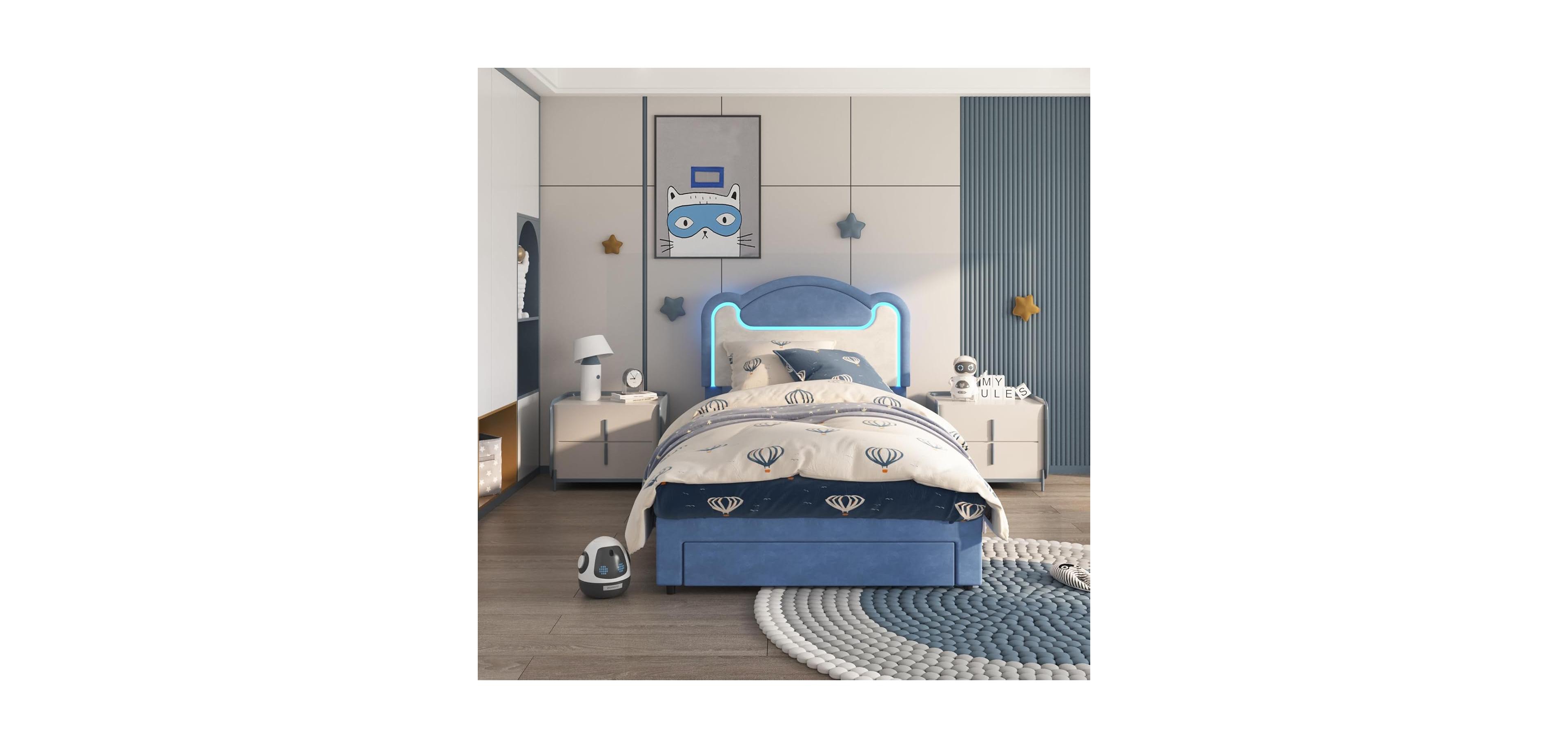 Princess Bed Frame for Girls with Led Light, Upholstered Headboard, Sturdy Wood Slats, No Box Spring Needed, Perfect for Kids