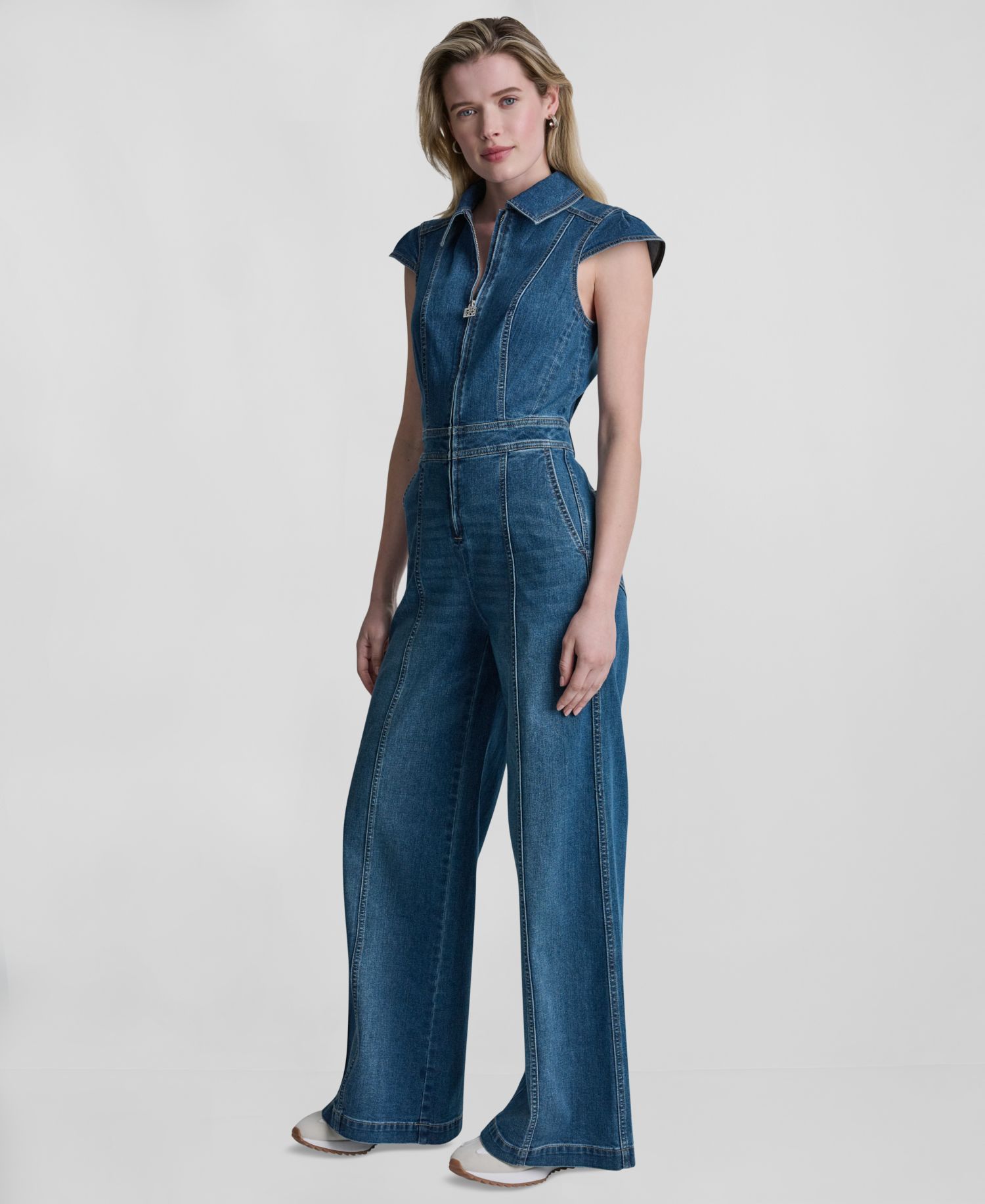 Women's Wide-Leg Cap-Sleeve Denim Jumpsuit