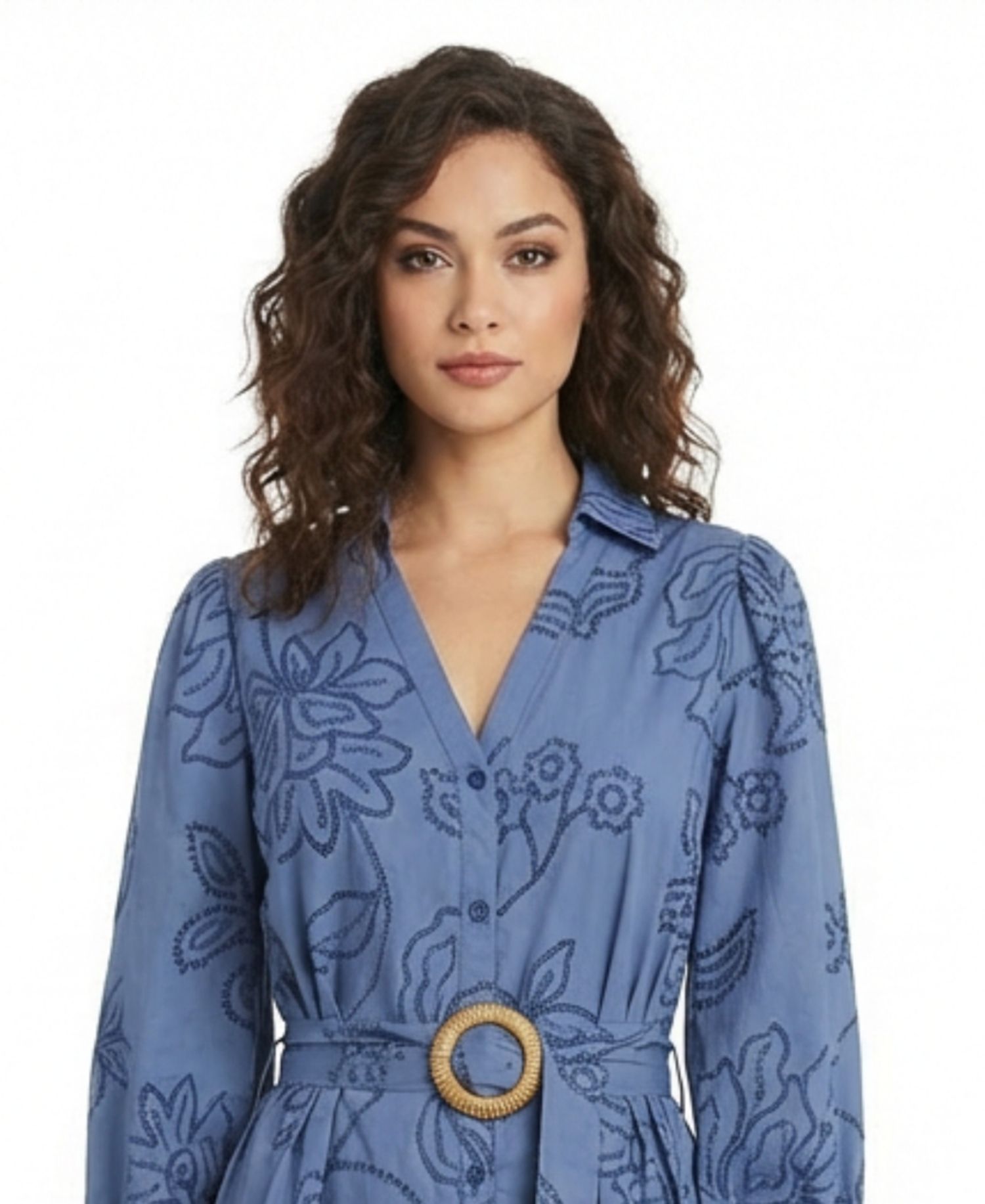 Petite Belted Embroidered Collared Shirt Dress