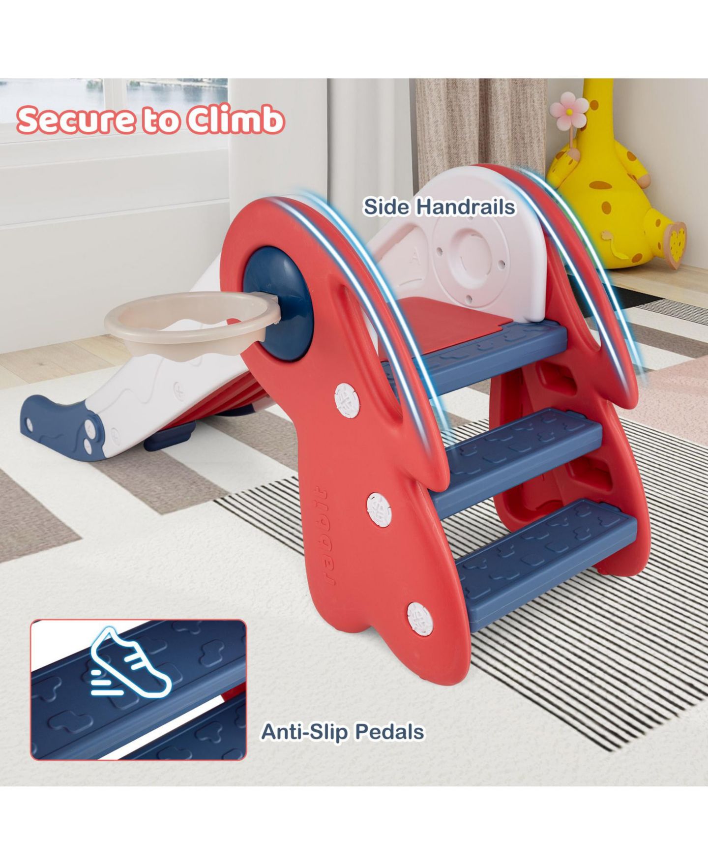 Детские игрушки Mecale 3-in-1 Toddler Slide and Climber Set with Basketball Hoop and Ball, цвет: Красный — фото 6