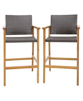Patio Rattan Bar Stool Set of 2 Outdoor PE Wicker Bar Chairs Armrests and Sturdy Footrests