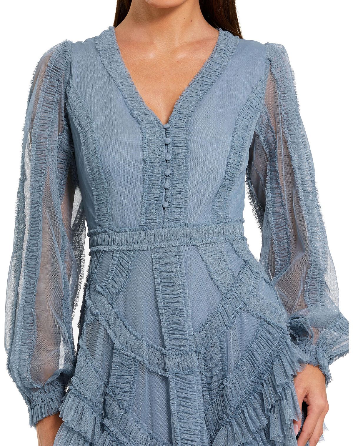 Mac Duggal Petite Long Sleeve V Neck Mesh Micro Ruffle Midi Dress view 3 — MAYCSS fashion products