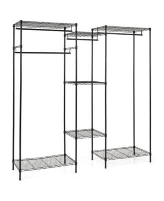 Convertible L-Shape and Horizontal Clothes Organizer with 7 Shelves and 4 Hanging Rods