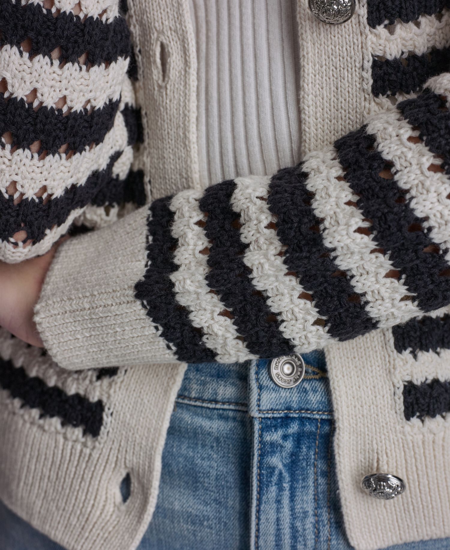 Petite Long-Sleeve Stripe Pointelle Stitch Cardigan