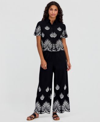 Petite Embroidered Cotton Wide Leg Pants