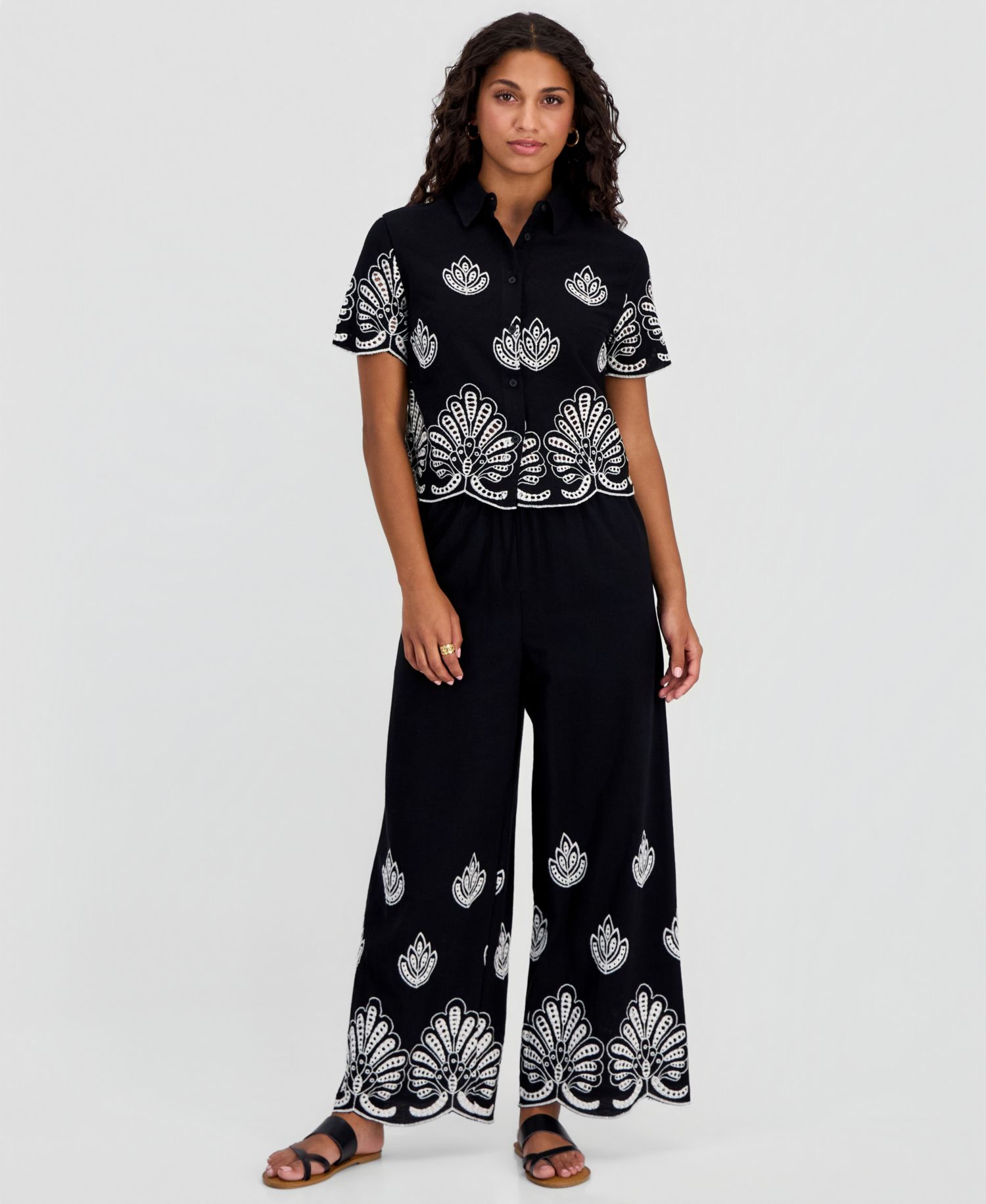 Petite Embroidered Cotton Wide Leg Pants