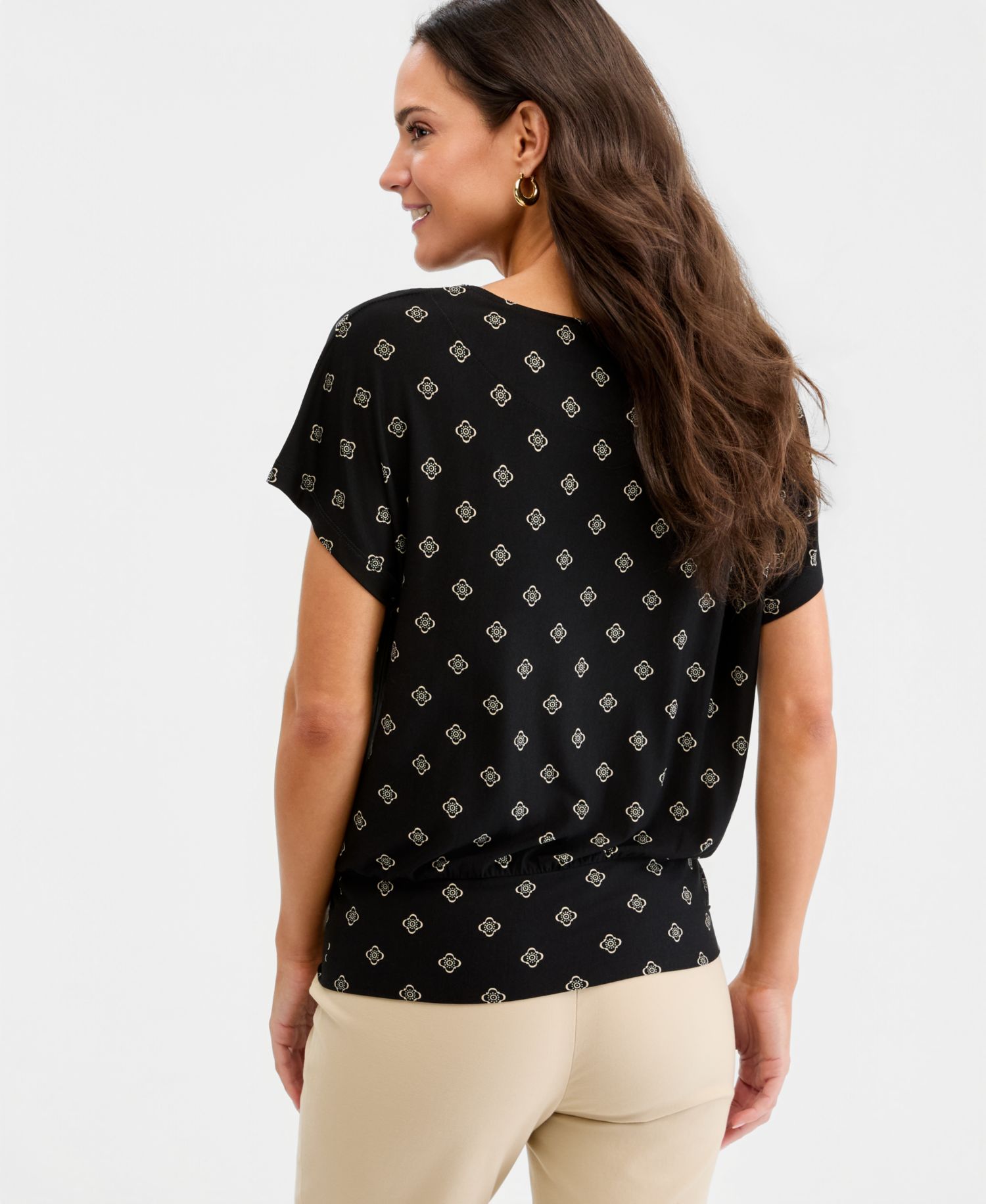 Women's Printed Boatneck Banded-Bottom Knit Top