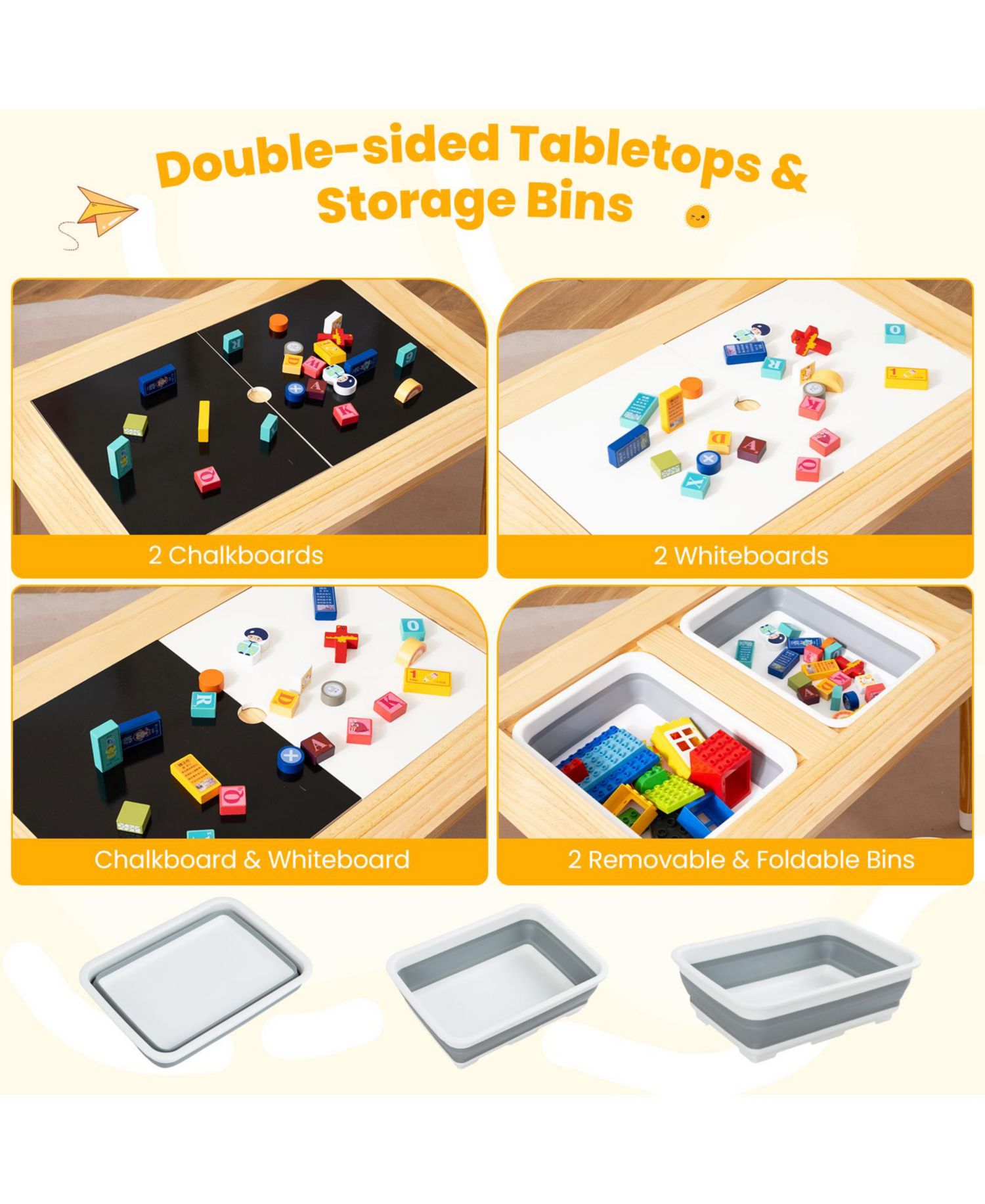 Wooden Kids Activity Table with Double-Sided Boards and Stools