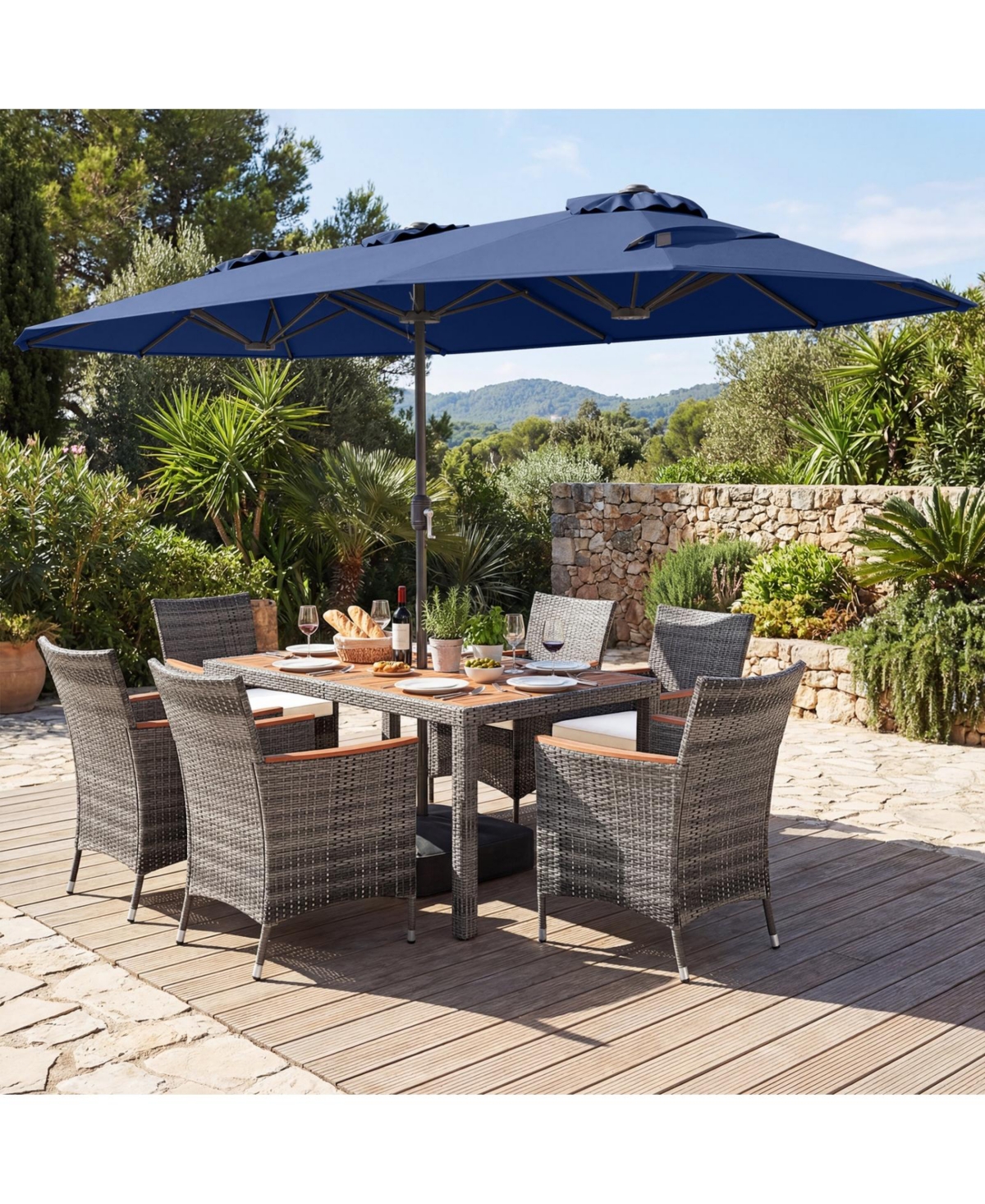 Sugift 8-Piece Rattan Patio Dining Set with 13.5 ft Market Umbrella