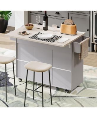Mobile Kitchen Island Cart Foldable Top, Convertible to Fixed Cabinet with Trash & Storage