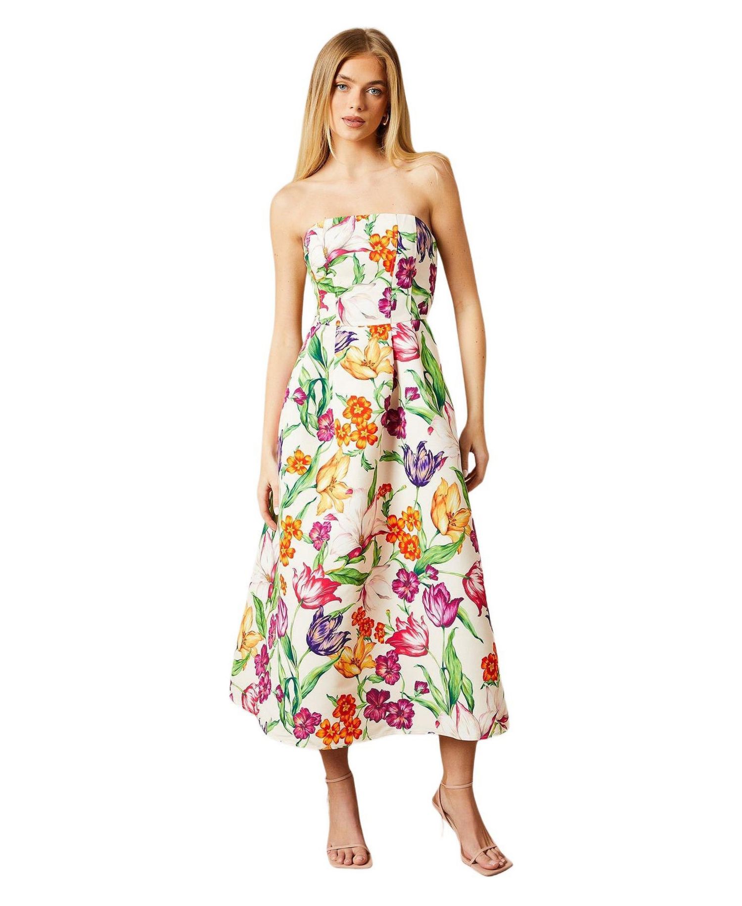 Women's Floral Twill Strapless Midi Dress