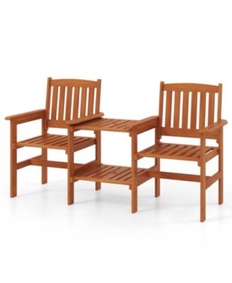 2-Seater Solid Wood Outdoor Chair Set with 2-Tier Side Table and Umbrella Hole