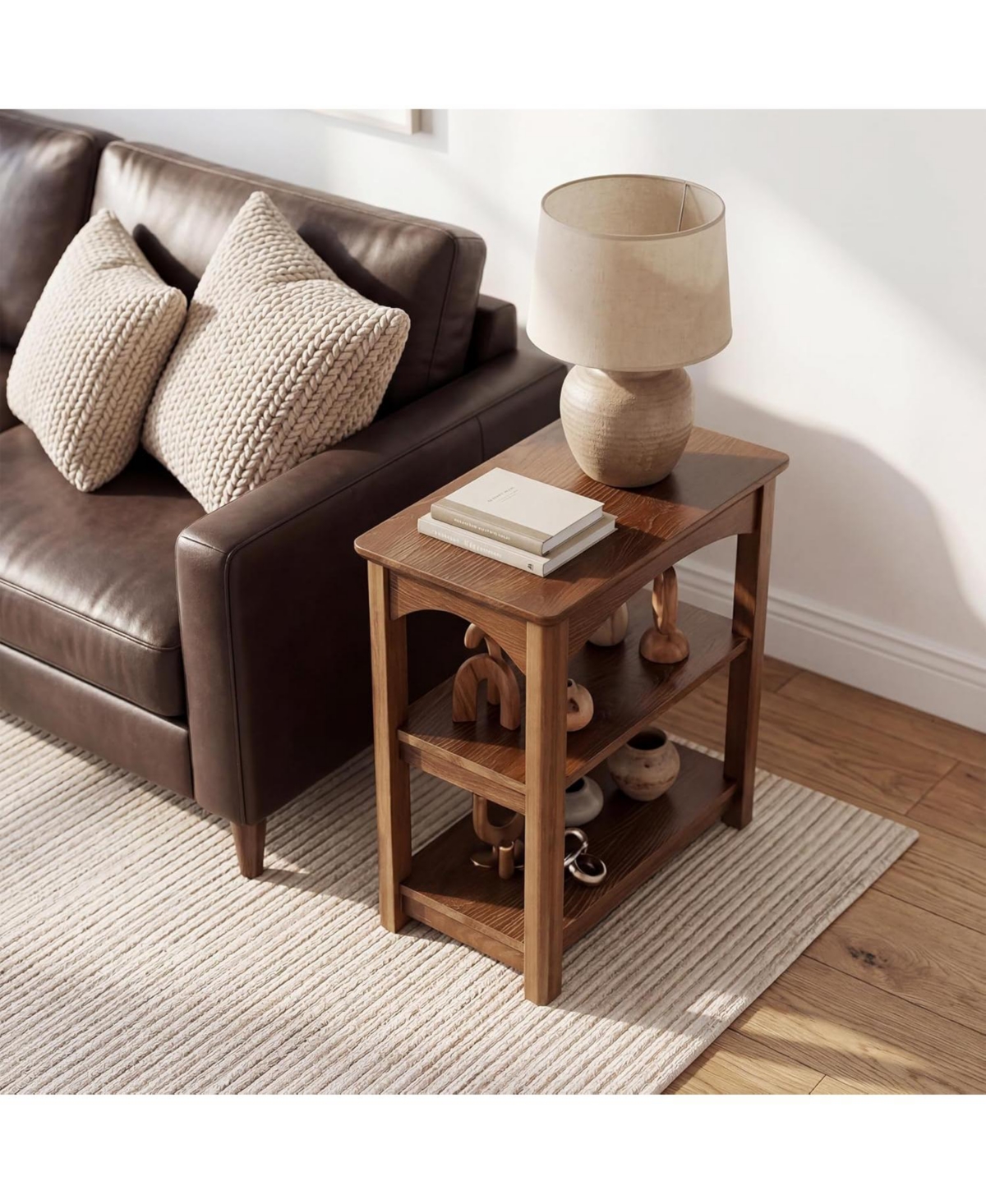 Tribesigns 3-Tier Solid Wood End Table, Narrow Side Table with Storage Shelves, Solid Wood Sofa Side Table, Slim Nightstand Bedside Table