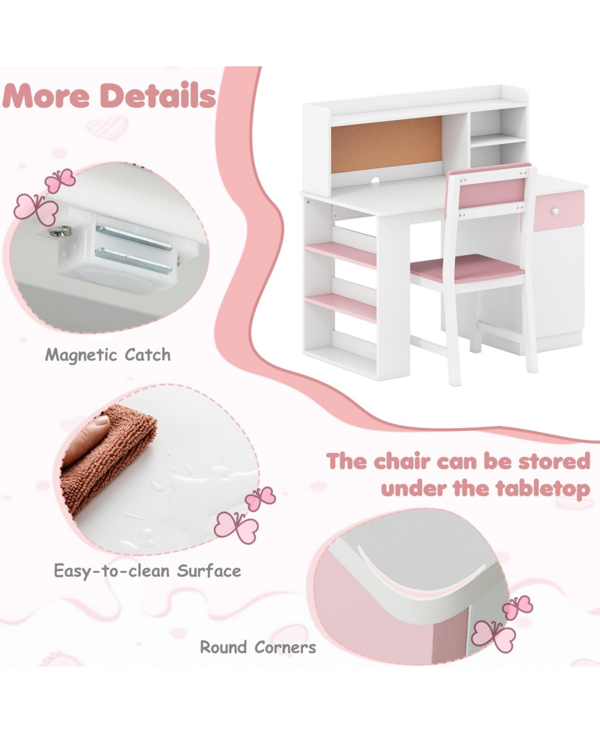 Slickblue Children Desk Chair Set with Storage Hutch and Side Shelves