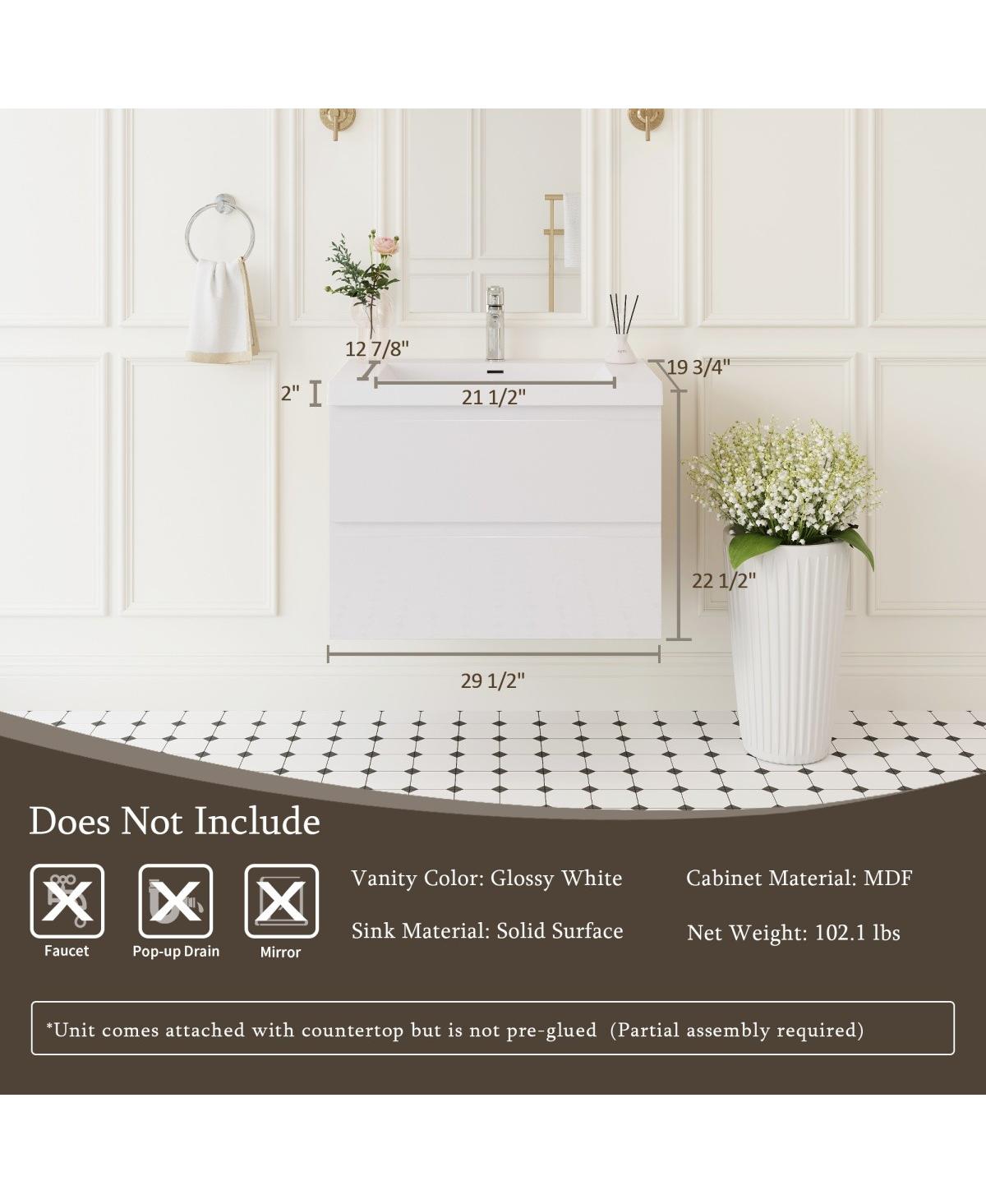 Sillysis Inch Glossy Wall Mounted Bathroom Vanity with Resin Sink and Soft Close Drawers