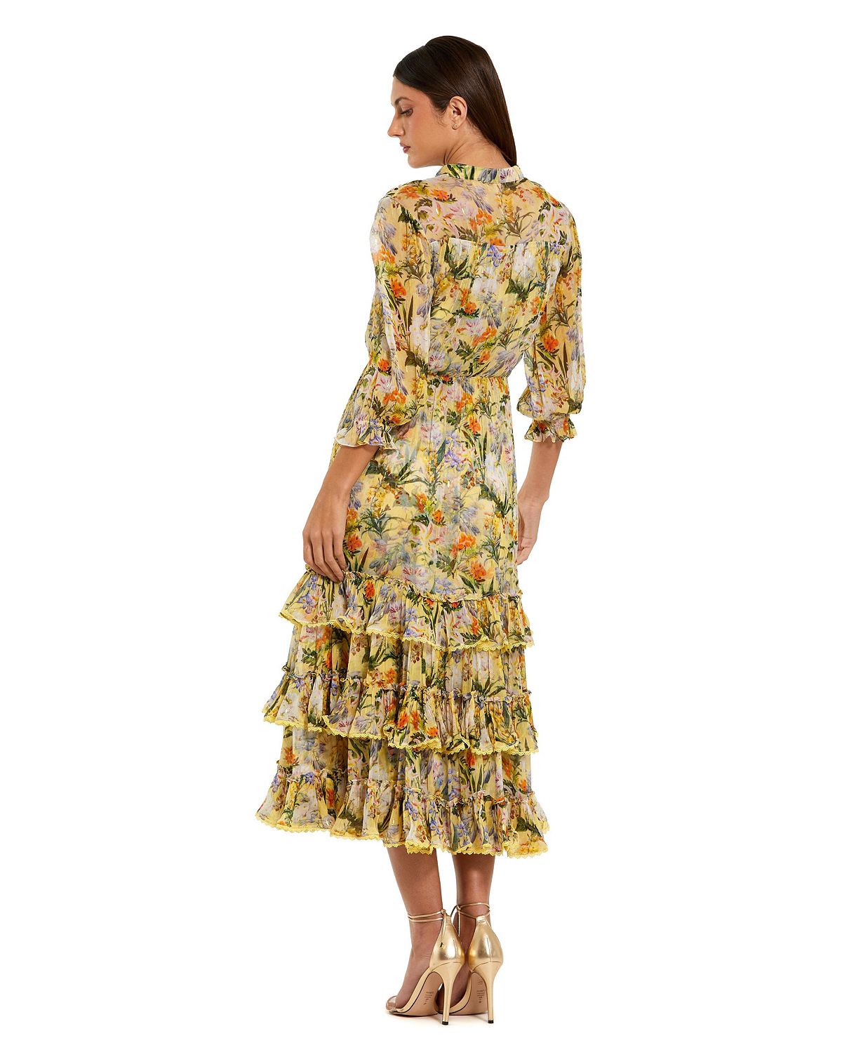 Mac Duggal Women's Floral V-Neck Ruffle Tiered Midi Dress with 3/4 Sleeves view 2 — MAYCSS fashion products