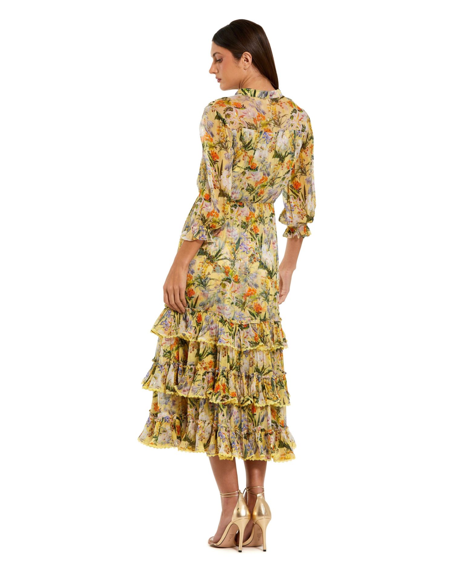 Women's Floral V-Neck Ruffle Tiered Midi Dress with 3/4 Sleeves