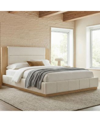 Upholstered Platform Bed Frame with Extended Wood Headboard