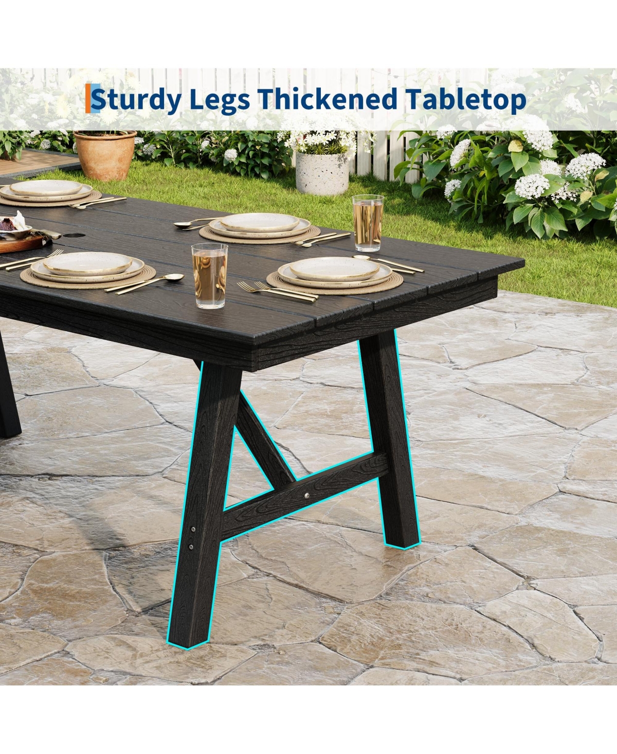 GarveeLife Outdoor Dining Table Set for 6, 7-Piece Patio Hdpe Slatted Table and Chairs Set with Umbrella Hole