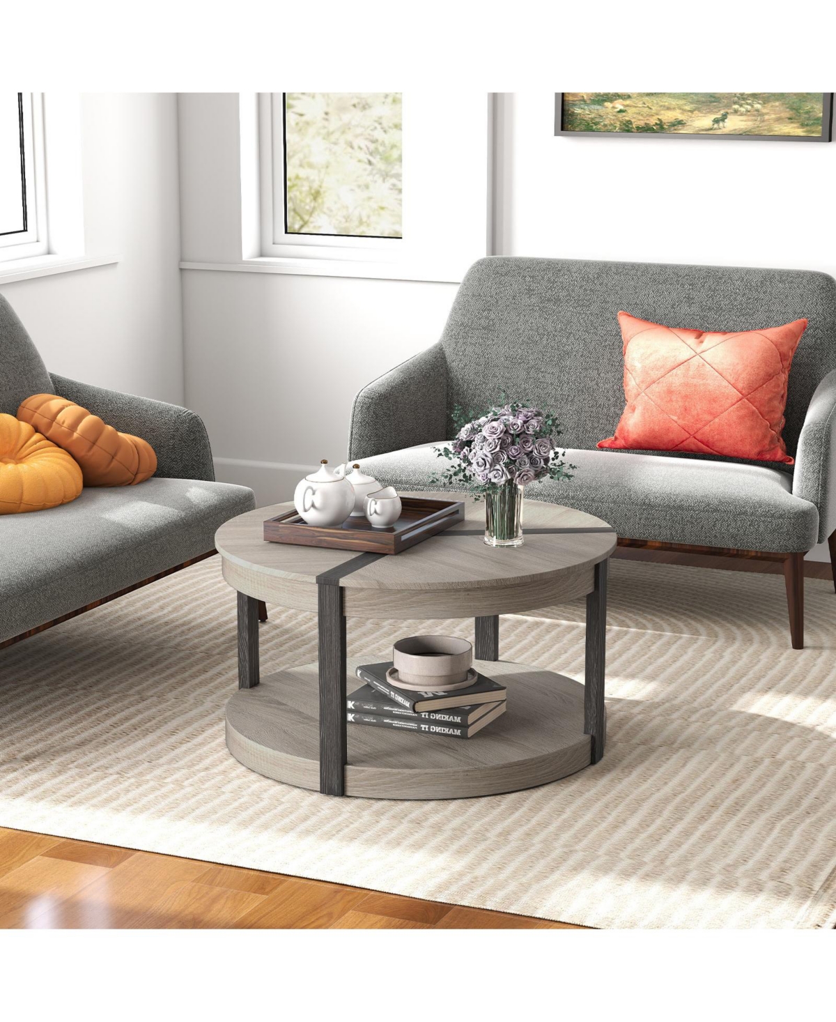 Slickblue Modern Rubber Wood Coffee Table 2-Tier Round Design with Storage Shelf