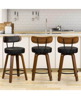 26 inches Swivel Bar Stools Set of 3, Counter Height Bar Stools with Faux Leather Upholstered Pad Wood Back for Kitchen Island, Cafe