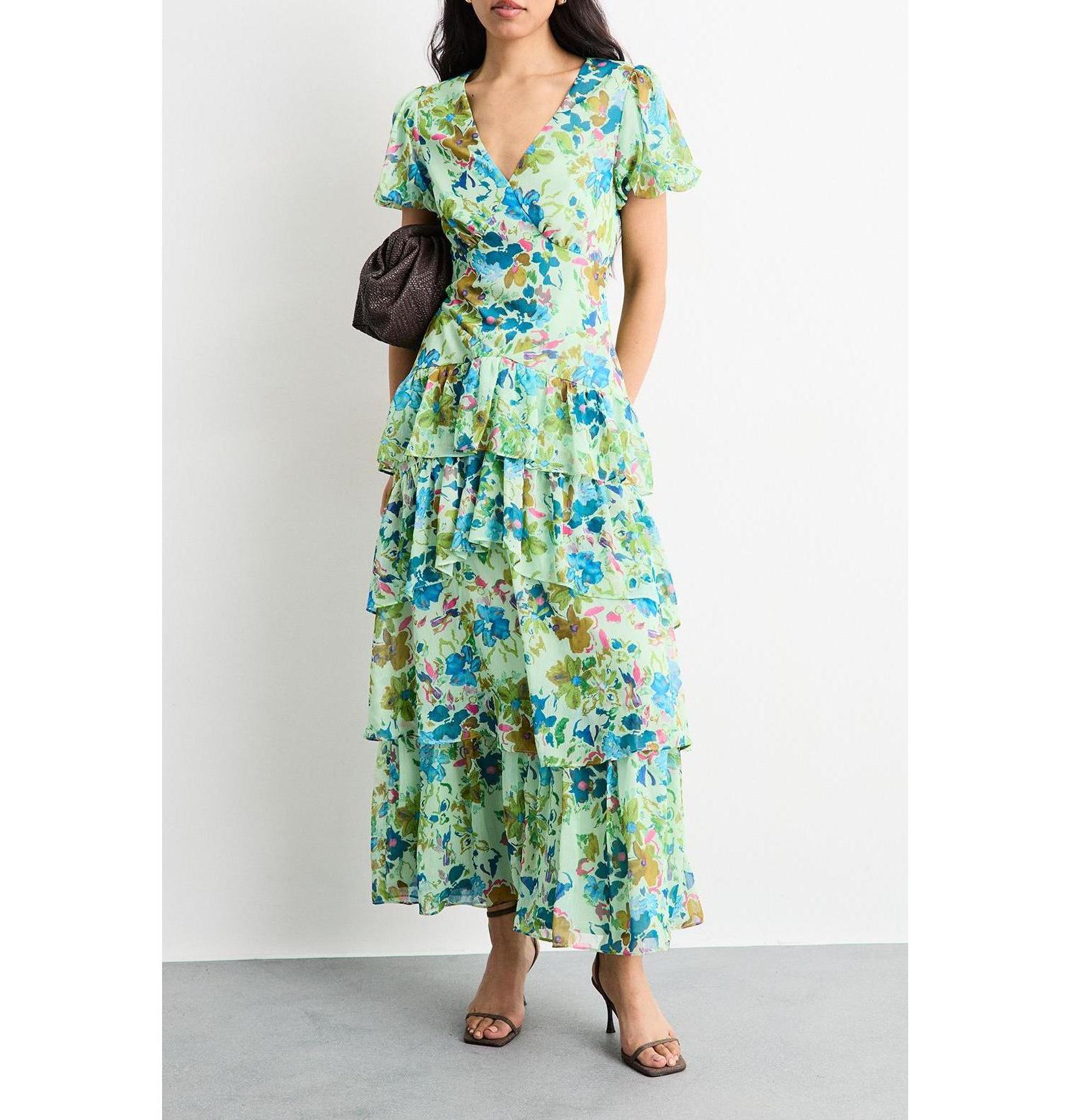 Women's Waist Puff Sleeve Tiered Midi Dress