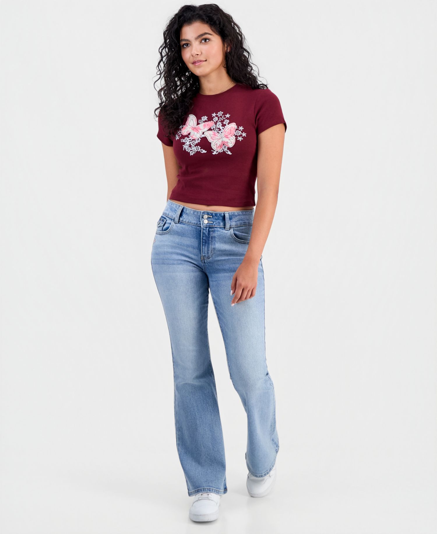 Juniors' Butterfly Embroidered Cropped T-Shirt